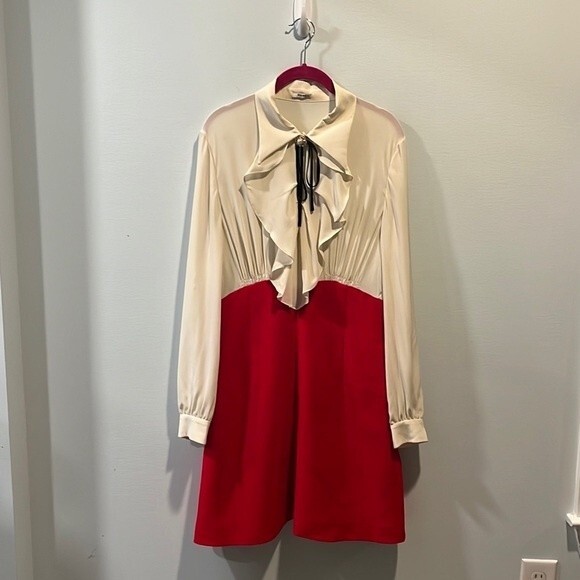 Miu Miu Ruffed Silk Crepe De Chine red ruffle Colorblock Dress IT44/US8 - Picture 5 of 7